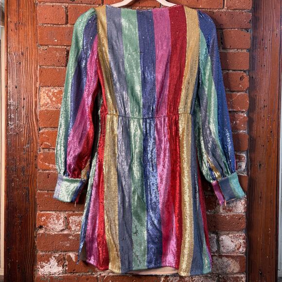 NWT RIXO Ava Rainbow Sequin Stripe Mini Dress Balloon Sleeve Long Sleeve XS - Picture 12 of 14